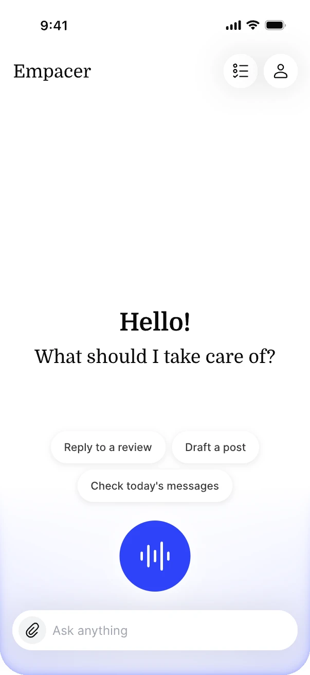 The Empacer Home screen with the voice button and the Ask anything field