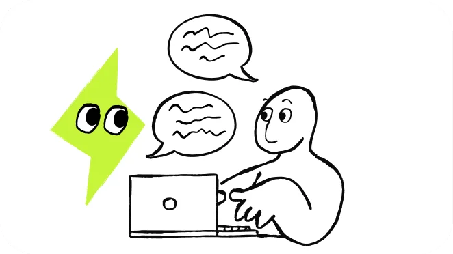 Person at a laptop talking to the Empacer mascot