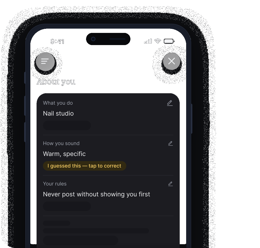 Empacer "About you" screen listing business facts, with one marked as a guess to correct