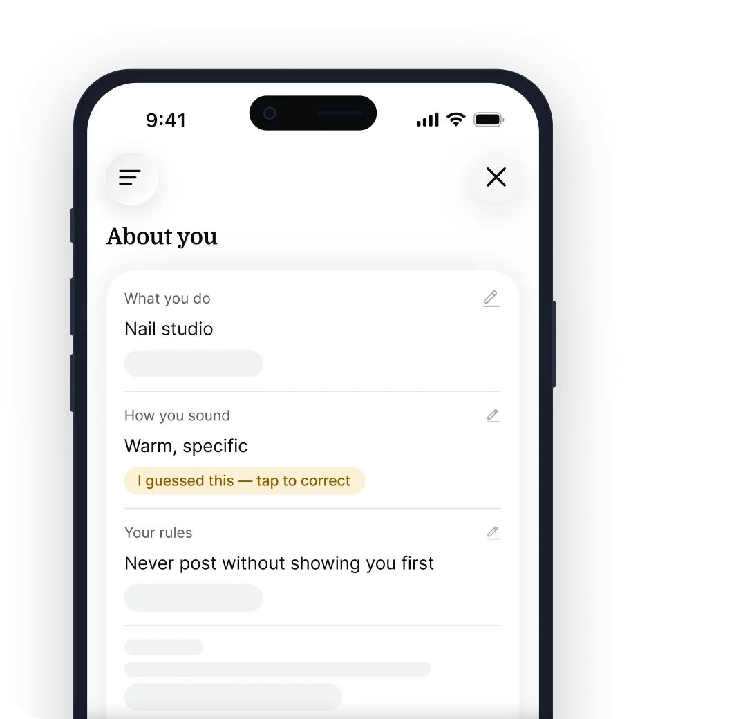 Empacer "About you" screen listing business facts, with one marked as a guess to correct