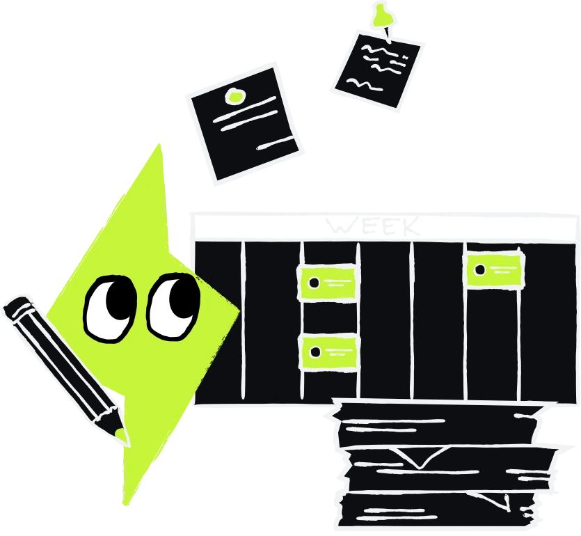 Empacer mascot with a pencil next to a weekly planner, notes and a stack of documents