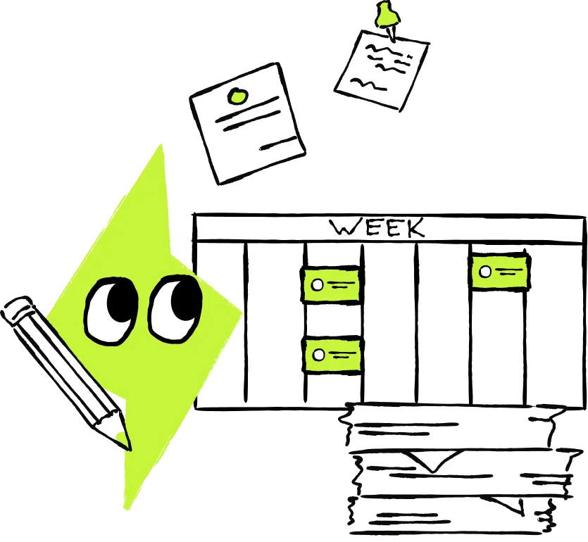 Empacer mascot with a pencil next to a weekly planner, notes and a stack of documents