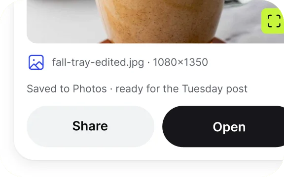 Finished image file in Empacer with Share and Open buttons