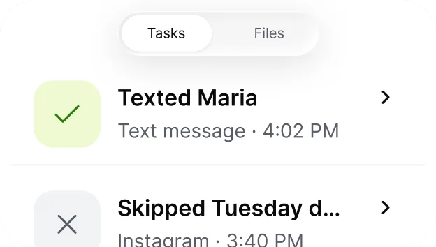 Task history in Empacer showing a sent text message and a skipped Instagram post