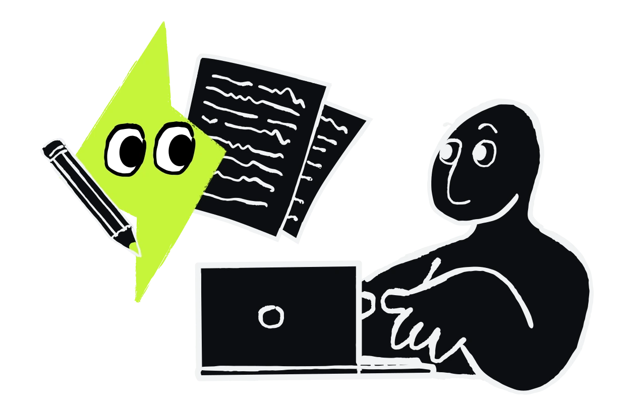 Empacer mascot handing a finished document to a person at a laptop