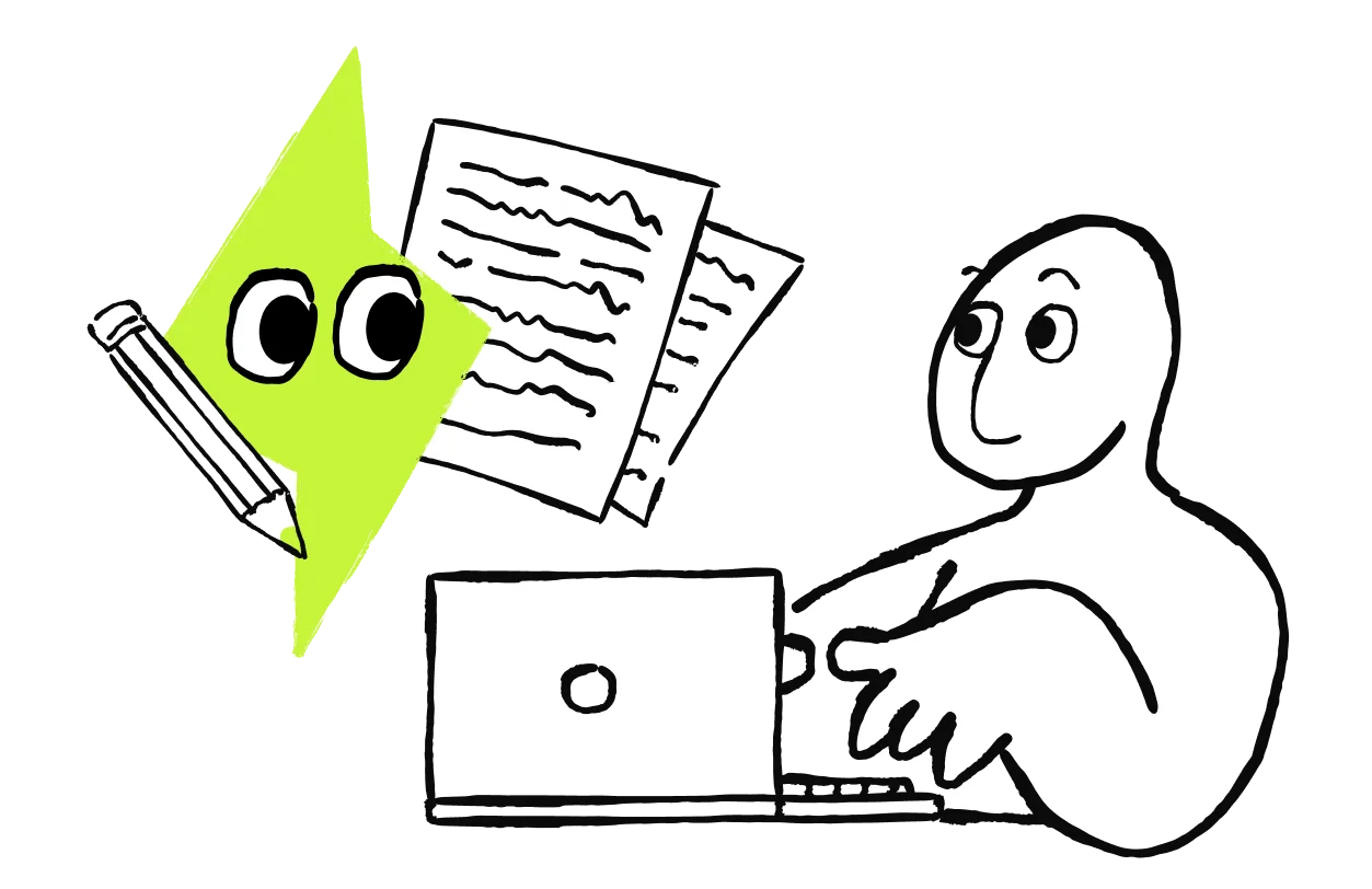 Empacer mascot handing a finished document to a person at a laptop