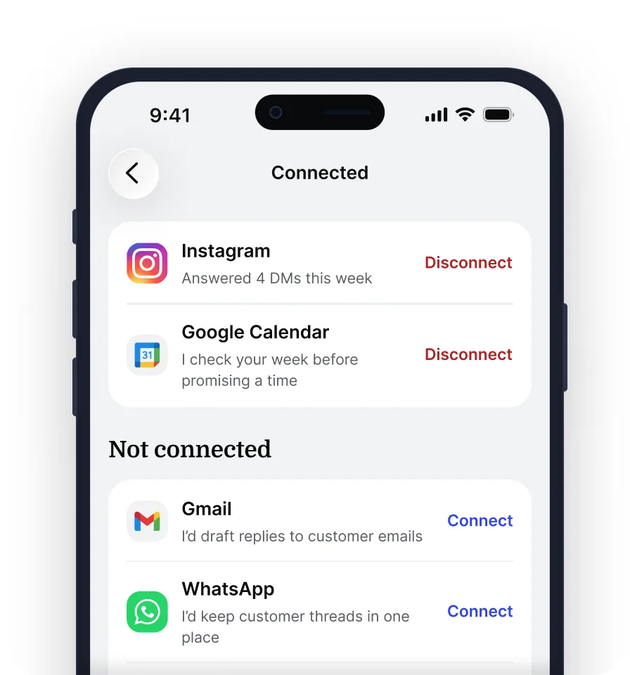 Empacer app screen listing connected apps like Instagram and Google Calendar, and apps not connected yet
